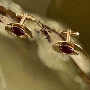 Vintage Anson Modernist Cufflinks – Red Lucite Cabochon – Mid Century Atomic Spa